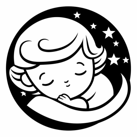 Cute little girl sleeping on the moon. Black and white vector il