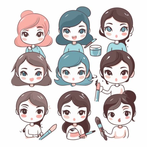 Cute cartoon girls with different hairstyles set.