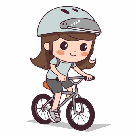 Girl in helmet riding bicycle. Cute cartoon character.