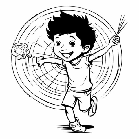 Black and white cartoon illustration of a boy playing with a vin