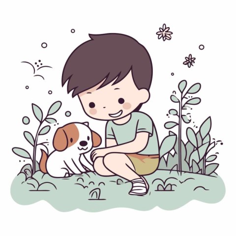 cute little boy with dog in the garden character vector illustra