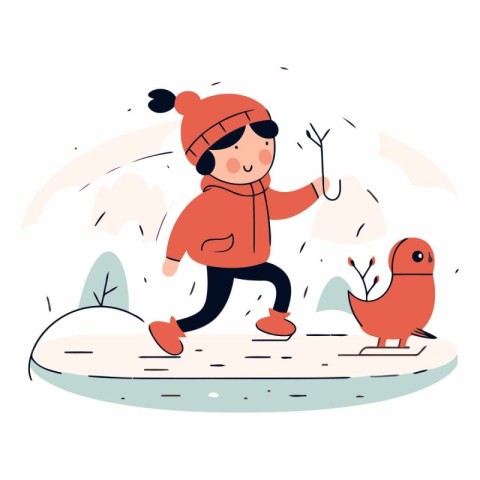 Little girl playing in the winter park. Cute cartoon vector illu