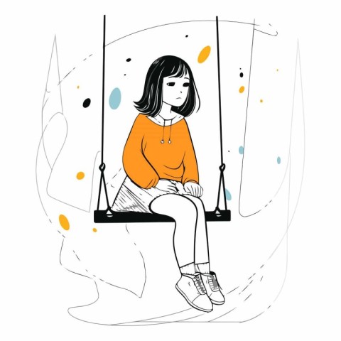 Cute girl sitting on a swing in sketch style.