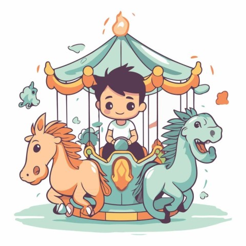 Little boy riding a horse on a merry-go-round.