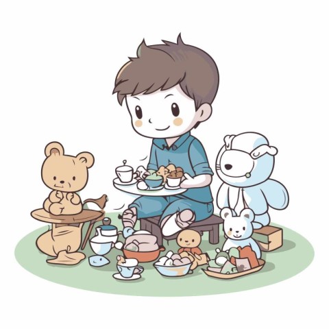 Boy playing with teddy bear and tea set.