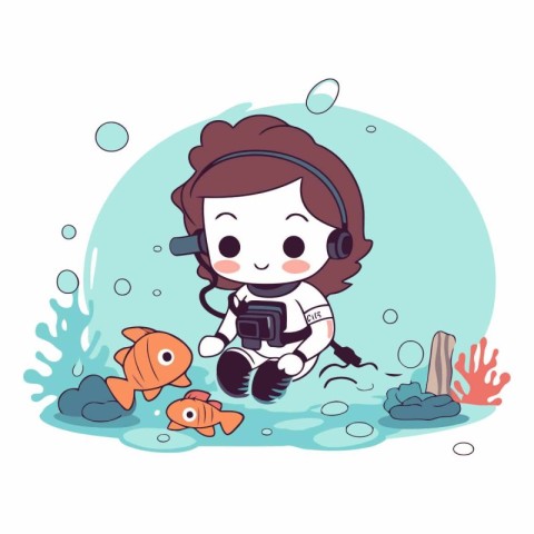 Illustration of a Cute Kid Boy Scuba Diving in the Sea