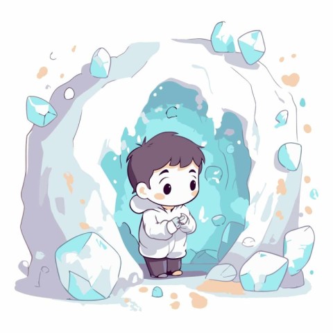 Cute little boy in the ice cave. Vector cartoon illustration.