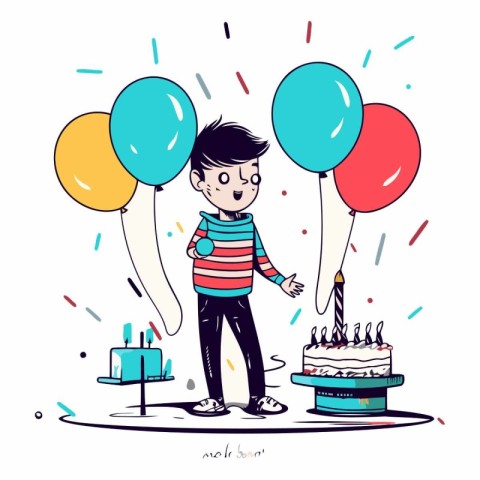 Cute cartoon boy with birthday cake and balloons.