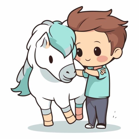 Cute boy and white horse. Cute cartoon character.