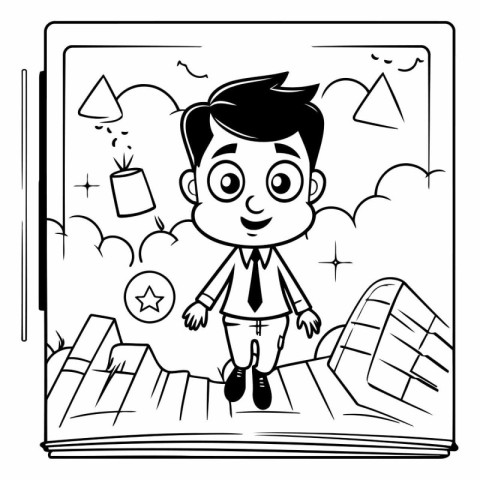 Black and White Cartoon Illustration of Kid Playing Board Game C