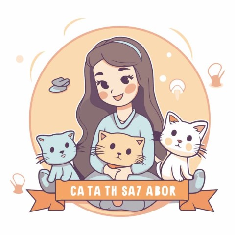 Cat and dog vector illustration. Cute cartoon girl with cats.