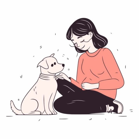 Girl playing with her dog in doodle style.