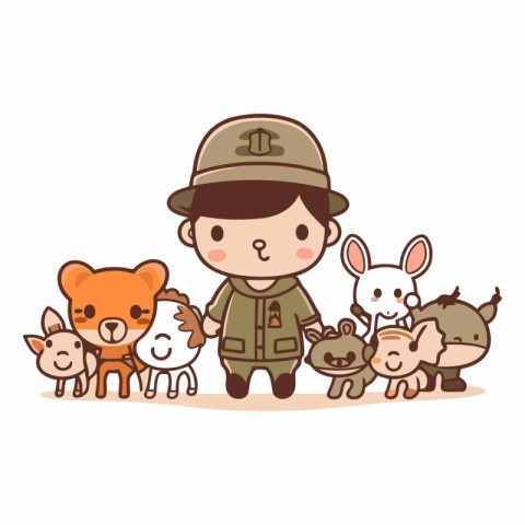 Illustration of a cute little boy in safari costume with wild an
