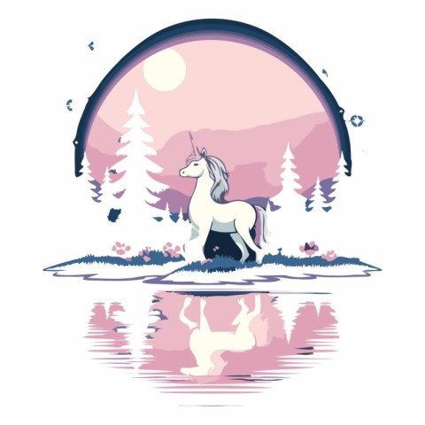 Magic unicorn in the forest on white background with reflection.