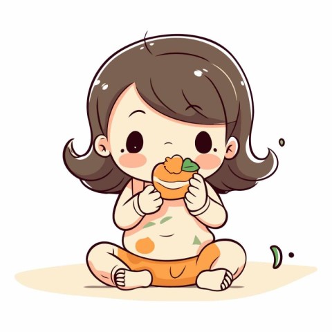 Illustration of a Cute Little Girl Eating a Slice of Orange