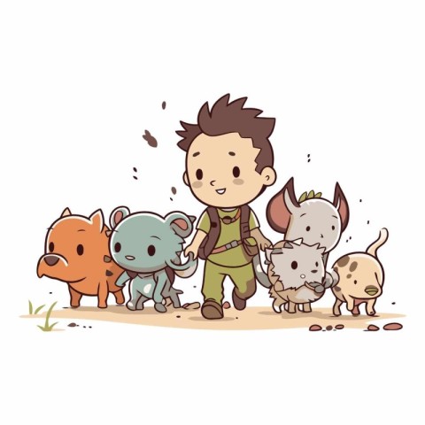 Illustration of a Little Boy and Different Animals on a White Ba