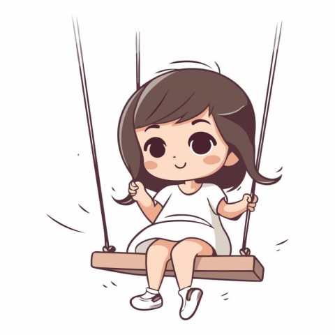 Cute little girl swinging on a swing in cartoon style.