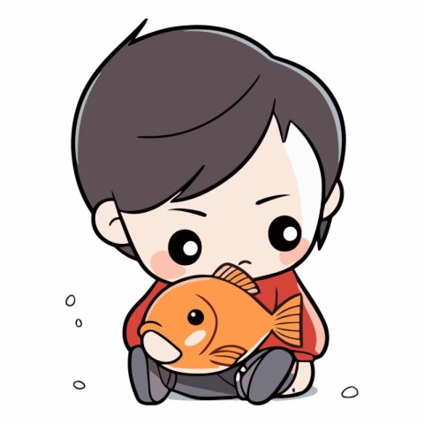 Illustration of a Cute Kid Boy Sitting and Holding a Fish