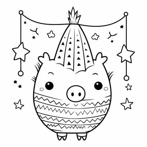 Cute cartoon pig in a hat. Black and white vector illustration.