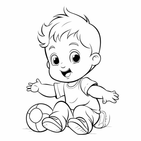 Cute little baby boy playing football for coloring book.