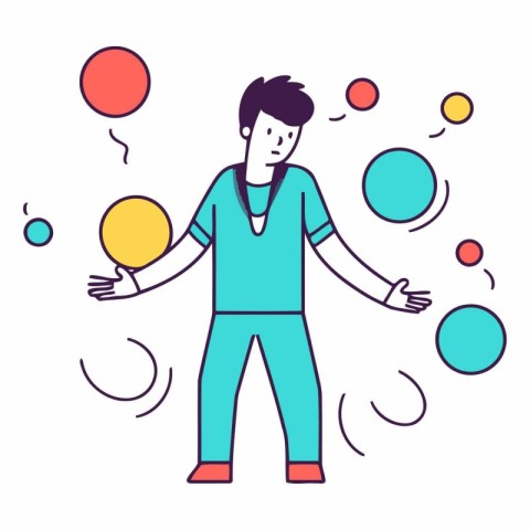 Vector illustration in flat linear style - a man juggling balls