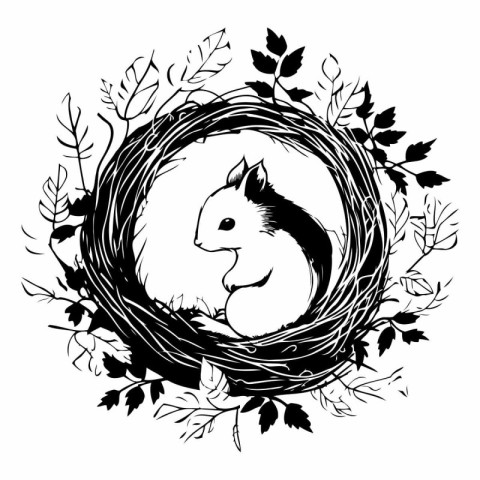 Black and white squirrel in a nest with leaves.