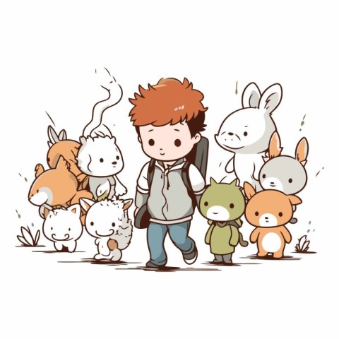 Cute little boy walking with his group of funny cartoon animals.