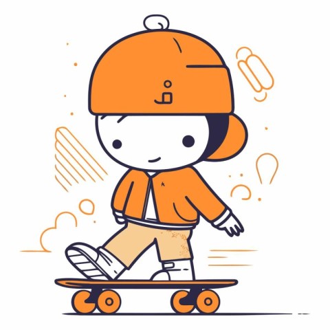 Cute little boy riding a skateboard. Vector line illustration.