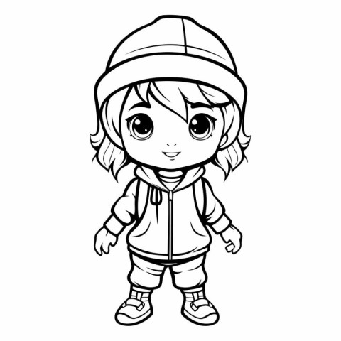 Outline of a cute little girl in a warm hat and jacket