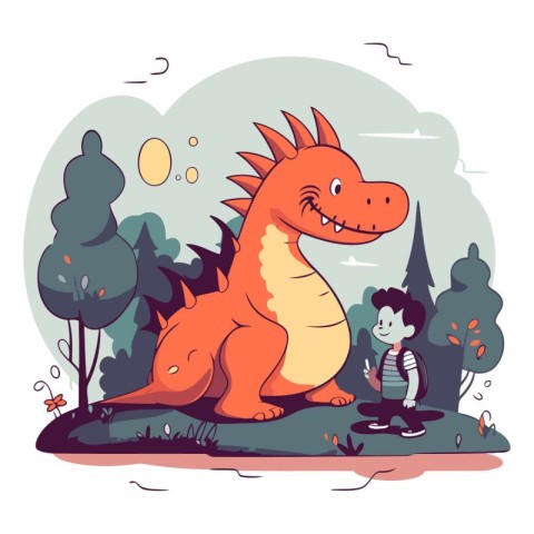 Cute cartoon dinosaur and boy in the park.