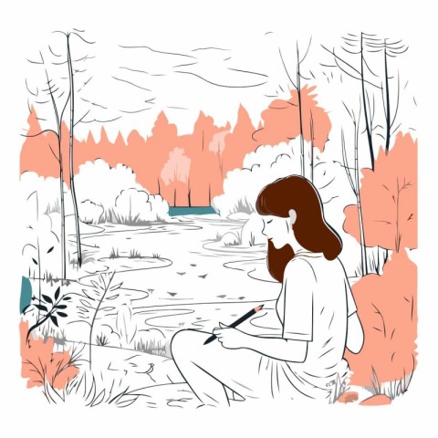 Vector hand drawn illustration of a young woman sitting on the b