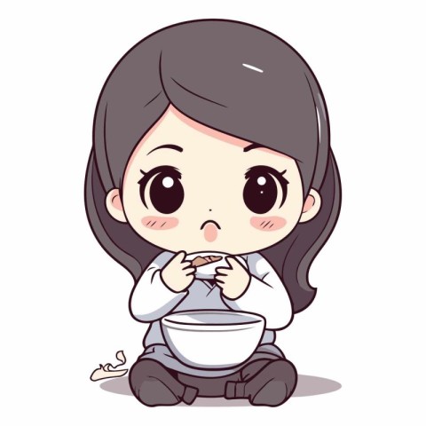 Cute little girl sitting and eating noodle.