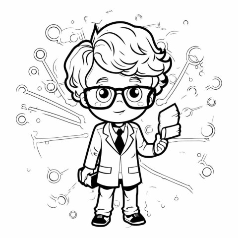 Black and White Cartoon Illustration of Cute Little Boy Student