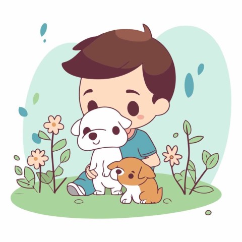 Cute cartoon boy playing with dog in the garden.