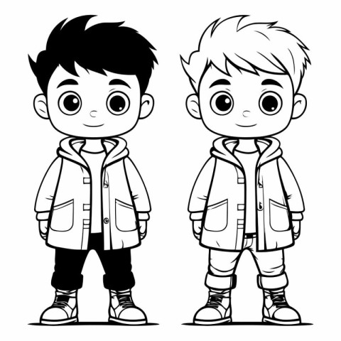 Cute boy and girl in winter coat for coloring book.