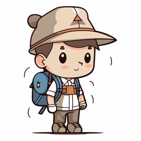 Boy scout with backpack and hat on white background.