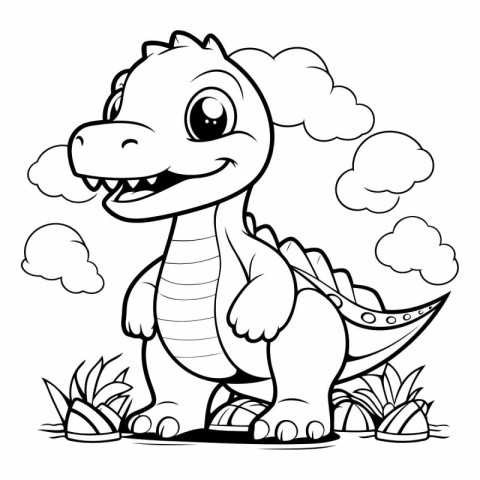 Black and White Cartoon Illustration of Cute Dinosaur Animal Cha