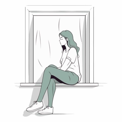 Sad woman sitting on the windowsill of a sad woman.