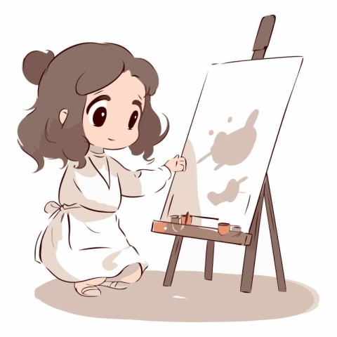 Cute little girl painting on easel. Vector cartoon illustration.