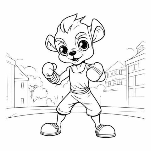 Cute cartoon baby boy running in the city.