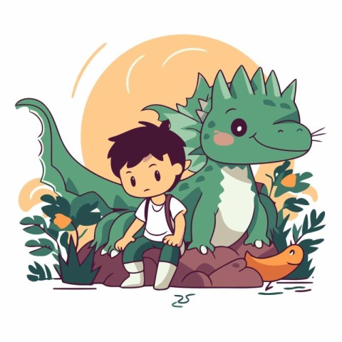 Cute little boy and dinosaur in cartoon style.