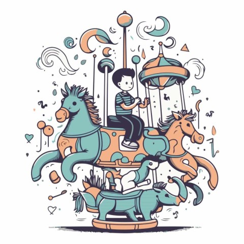 Vector hand drawn illustration of a little boy riding a horse on