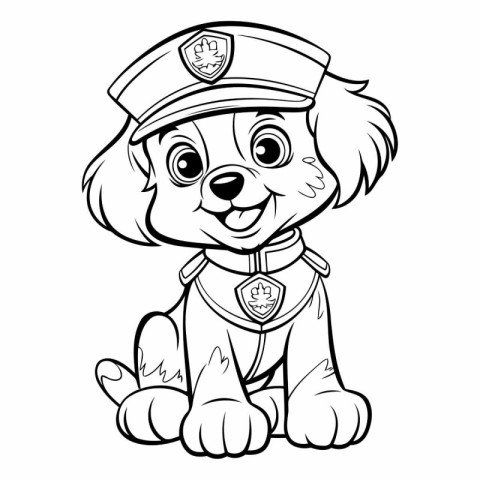 Black and White Cartoon Illustration of Cute Dog Police Officer