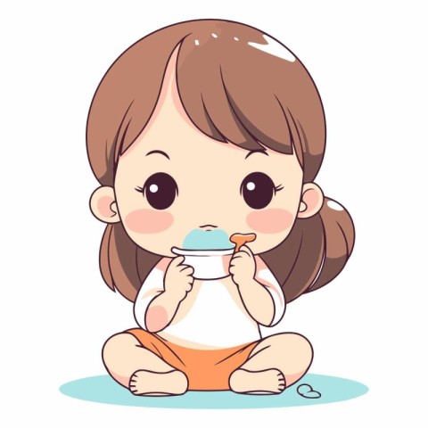 Cute little girl drinking milk in cartoon style.