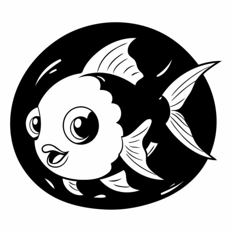 black and white illustration of a cute cartoon fish in a round f