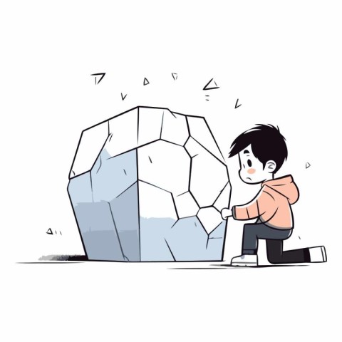 Little boy with big stone of a little boy playing with big stone