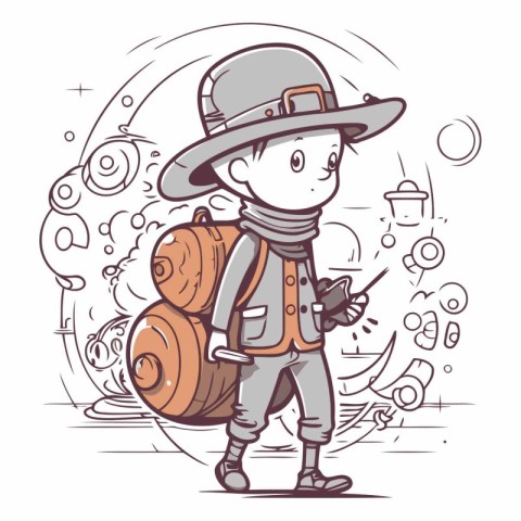 illustration of a boy in safari costume with a backpack and map