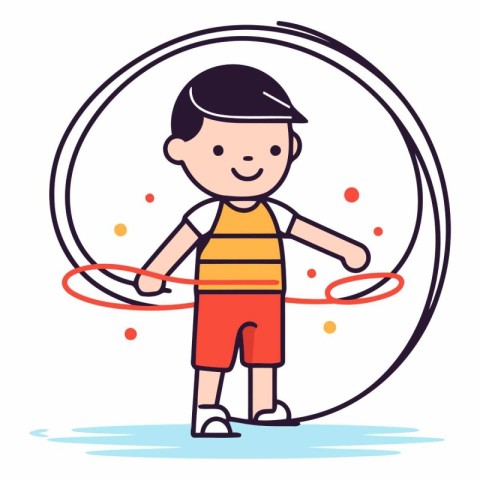 Boy playing with hula hoop in cartoon style.