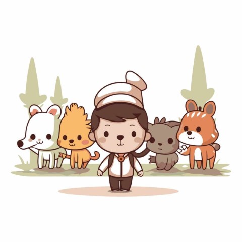 cute cartoon chef with animals on the meadow