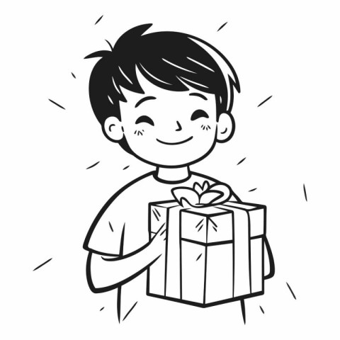 Boy holding a gift box. Black and white vector illustration for